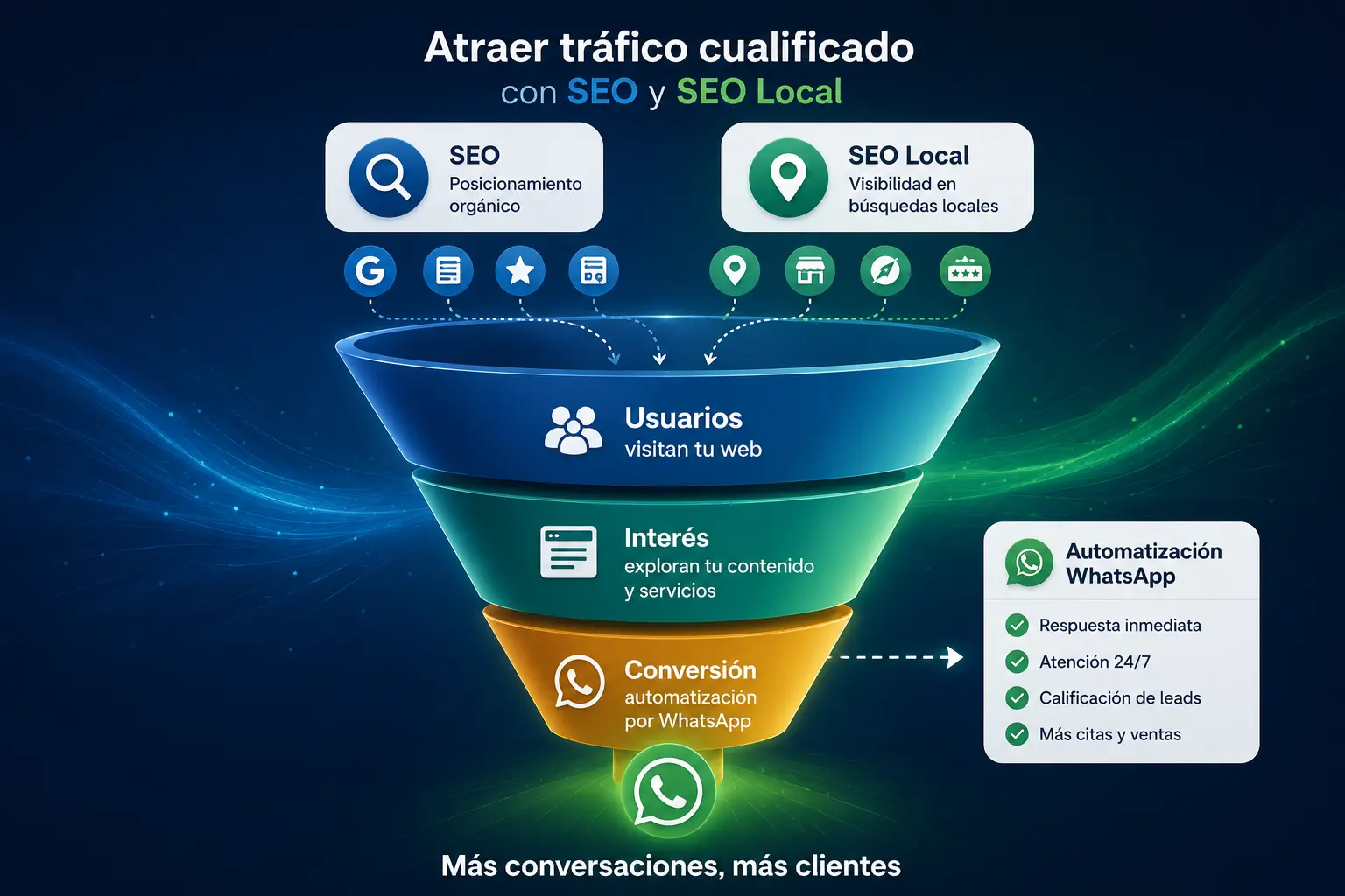 Embudo de captación con SEO, SEO Local y automatización de WhatsApp