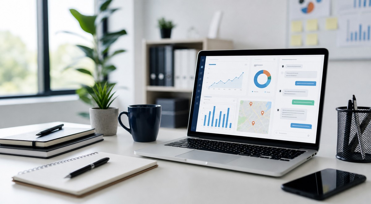 Mesa de trabajo profesional con analítica SEO, mapa local y conversaciones comerciales